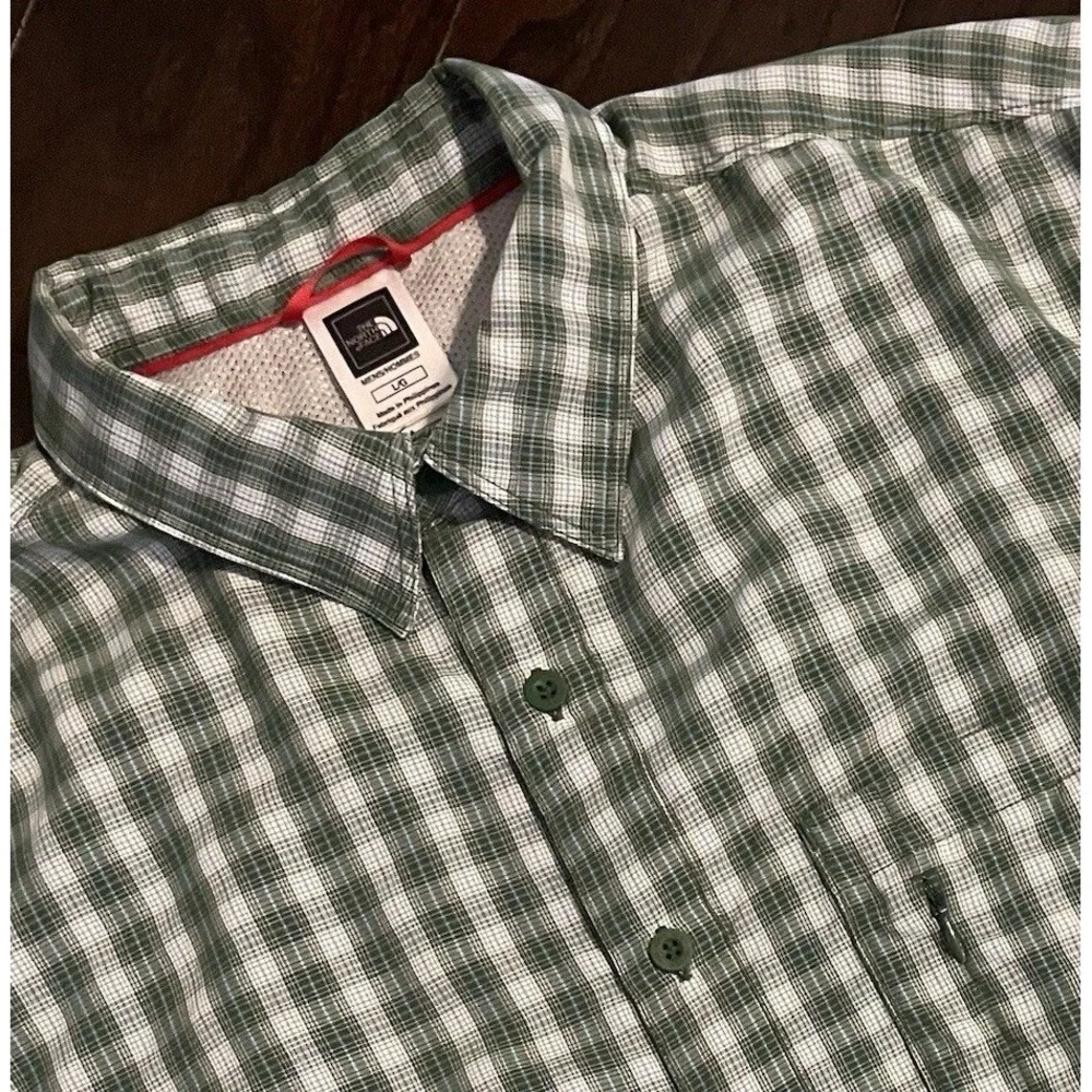 The North Face Button Up Shirt Mens Lg Green Plaid Short Sleeve Hiking Gorpcore